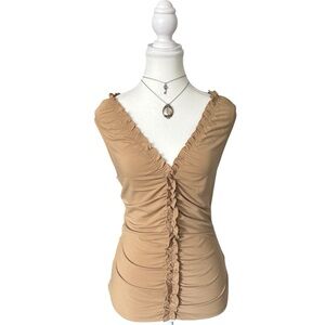Y2K “Express” Beige/Tan Ruffle Ruched Sleeveless Top